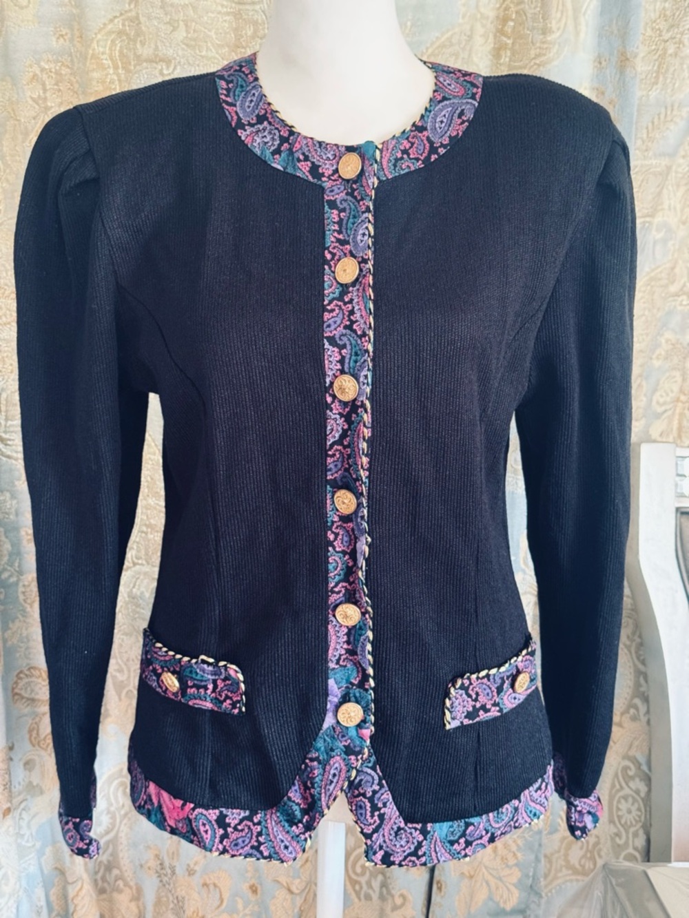 By Linda Hurley Vintage Black Women's Paisley-Trim Jacket
